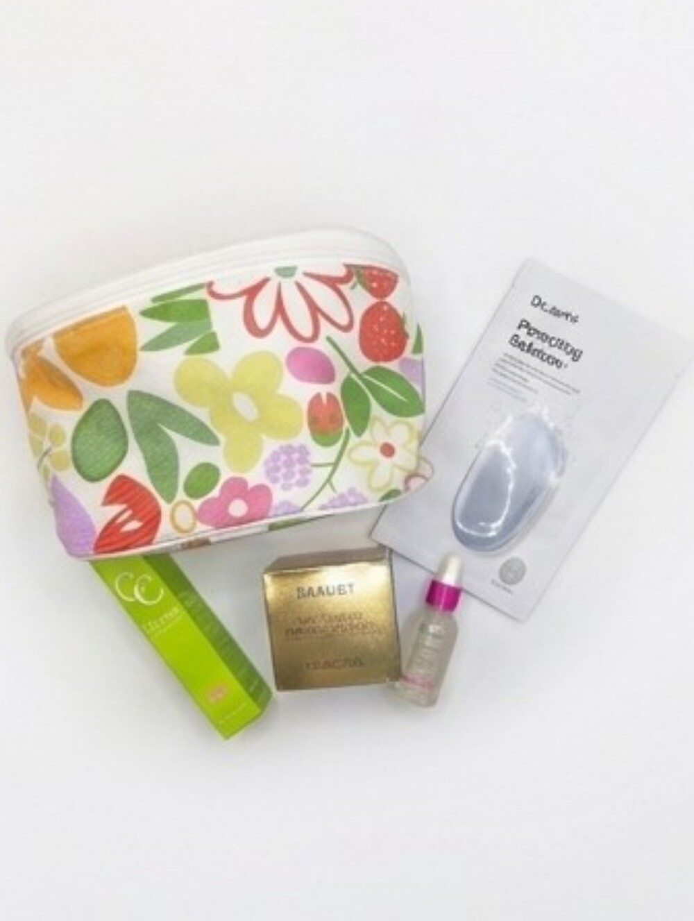 Clinique White Floral Cosmetic Bag with Skincare Items